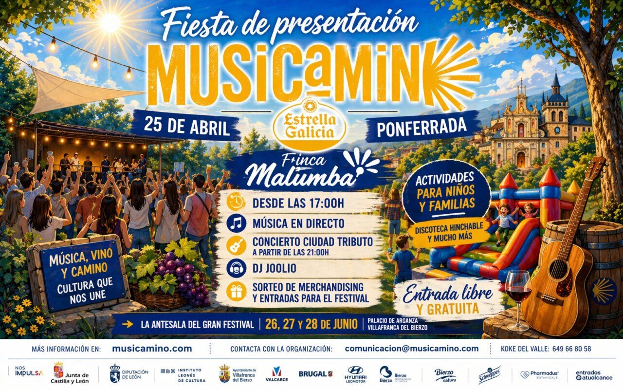 Cartel del festival Musicamino en Ponferrada con actividades familiares y música en directo.