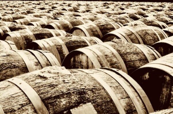 Barricas de madera apiladas en una bodega de vino