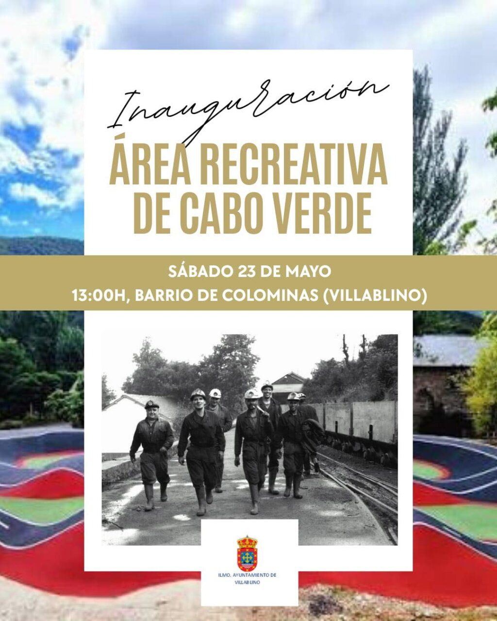 Inauguración del Área Recreativa de Cabo Verde en Villablino con trabajadores mineros.