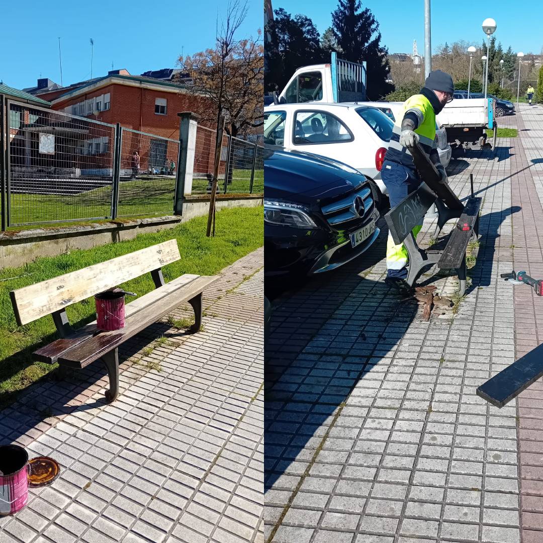 Trabajador reparando un banco en Ponferrada durante una intervención municipal
