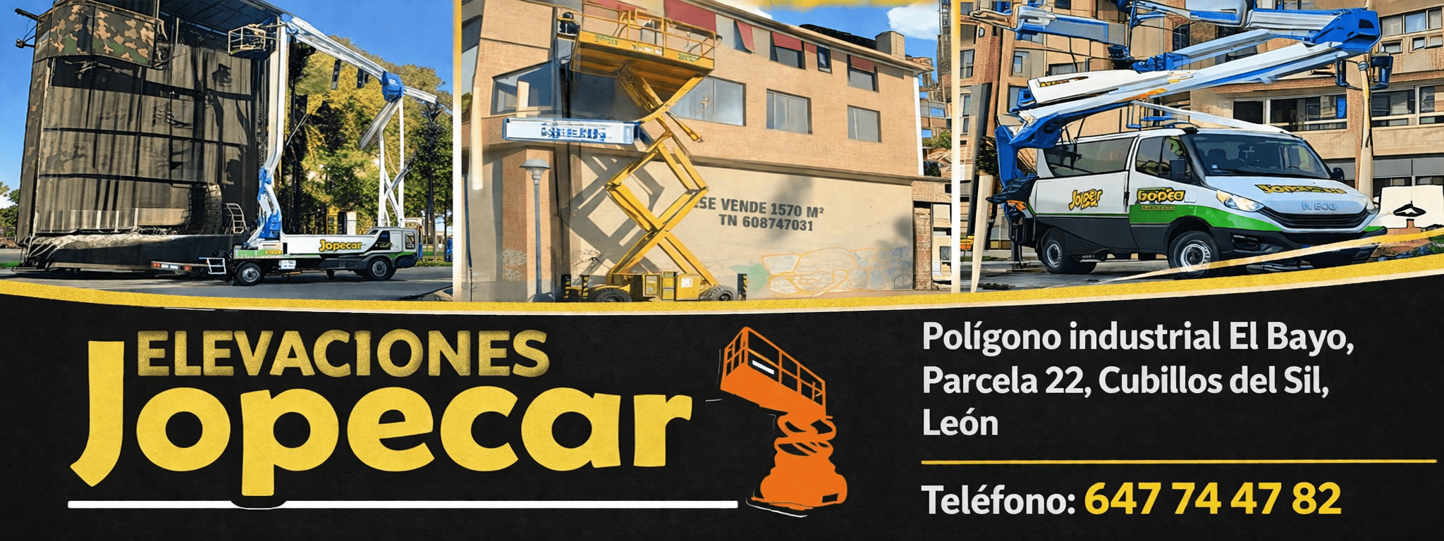 Banner de Elevaciones Jopecar mostrando maquinaria en acción