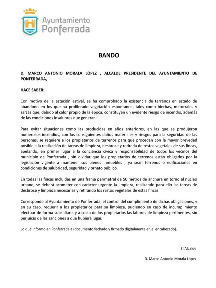 Bando municipal sobre limpieza de terrenos para prevenir incendios en verano