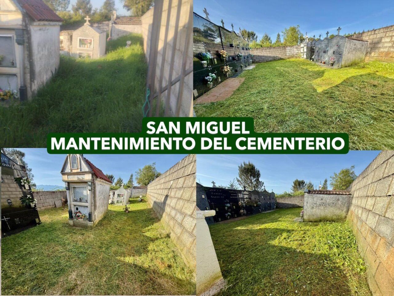 Cementerio de San Miguel con césped recién cortado y tumbas visibles.