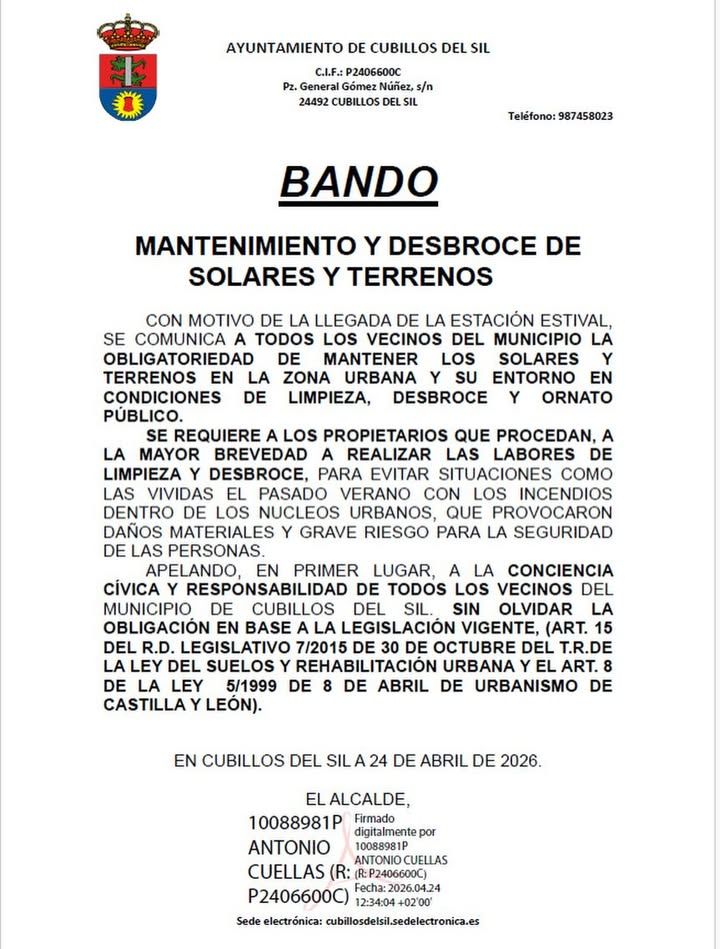 Bando sobre mantenimiento y desbroce de solares y terrenos en Cubillos del Sil