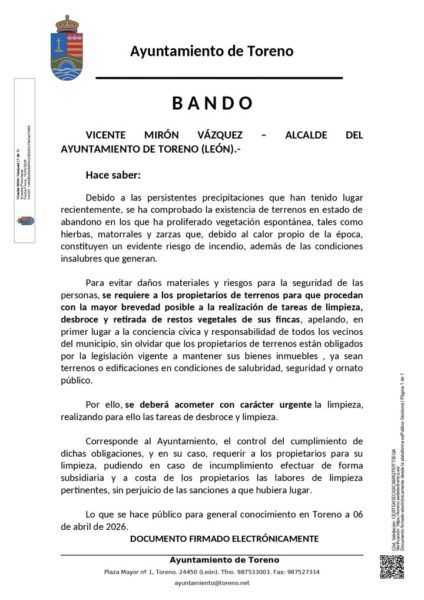 Bando del Ayuntamiento de Toreno sobre limpieza de solares y terrenos