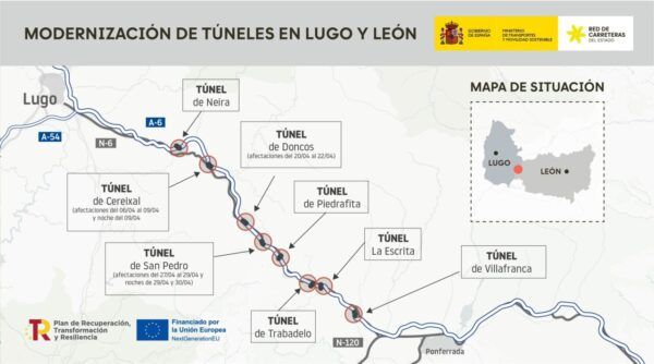 Mapa de modernización de túneles en Lugo y León