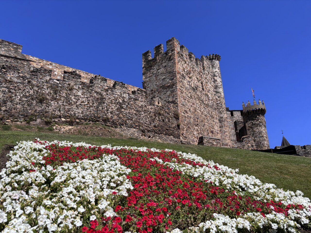 Vista del castillo de Ponferrada con flores en primer plano