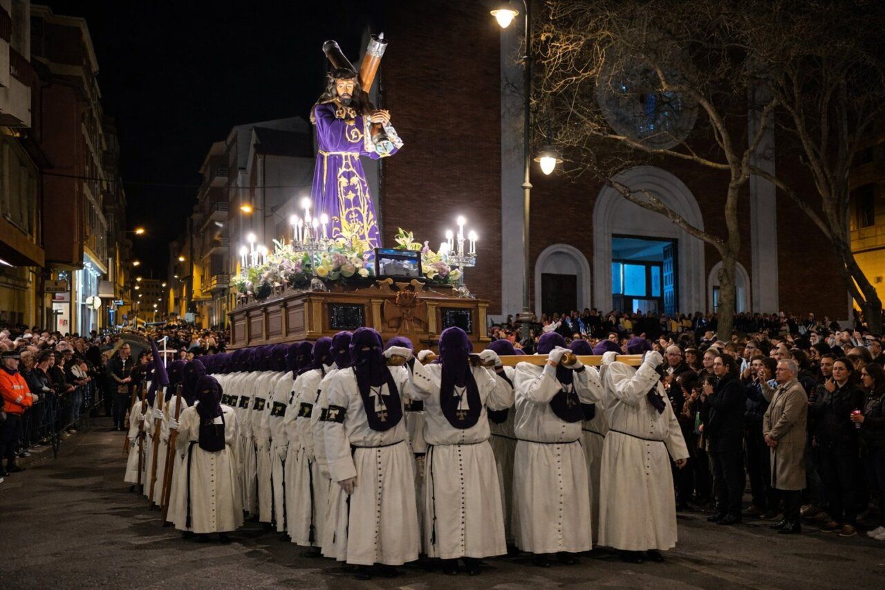 Participantes en la Procesión del Silencio en Ponferrada con un paso religioso.