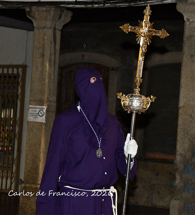 Cofrade con túnica morada sosteniendo una cruz en la procesión del Santo Entierro