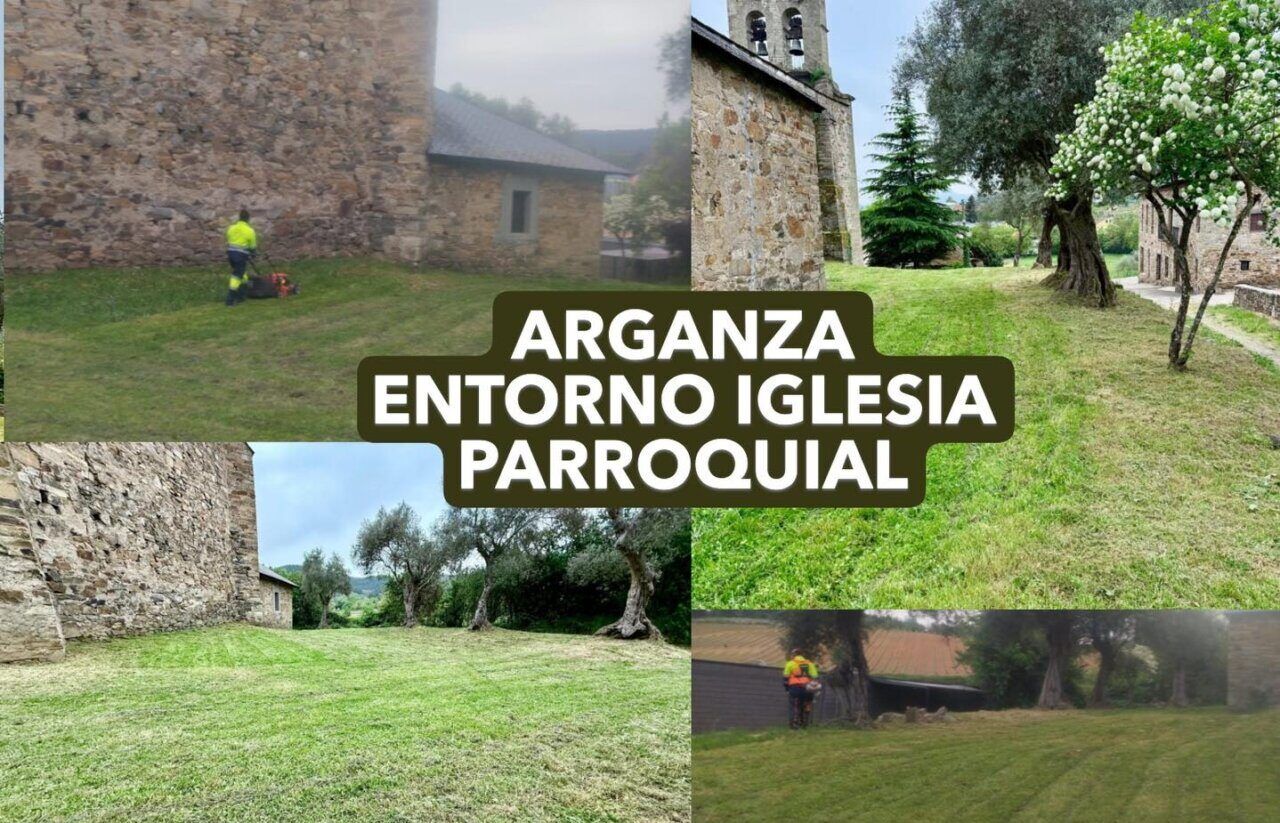 Alumnos realizando tareas de mantenimiento en Arganza cerca de la iglesia parroquial