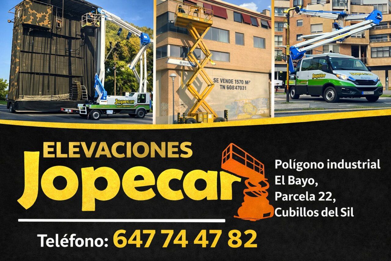 Publicidad de elevaciones Jopecar con vehículos y maquinaria