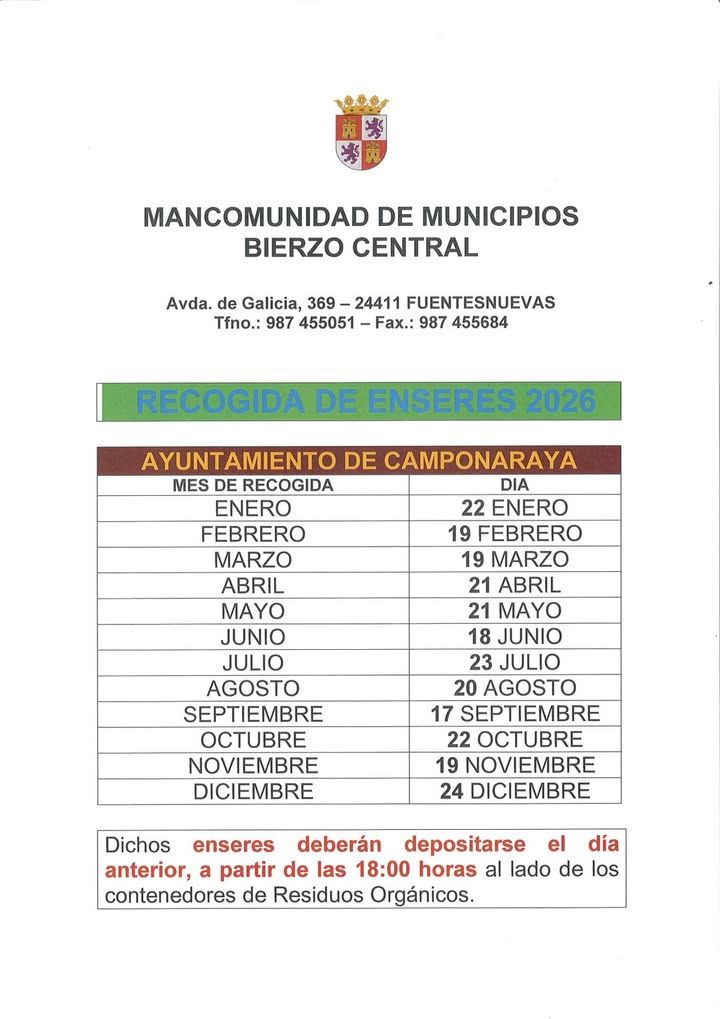 Normas y fechas para la recogida de enseres en 2026