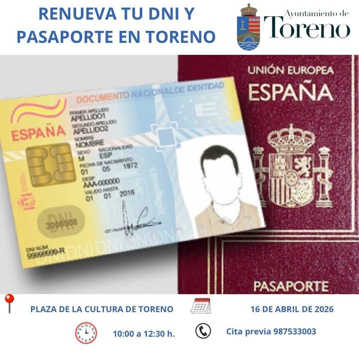 Cartel informativo sobre renovación de DNI y pasaporte en Toreno