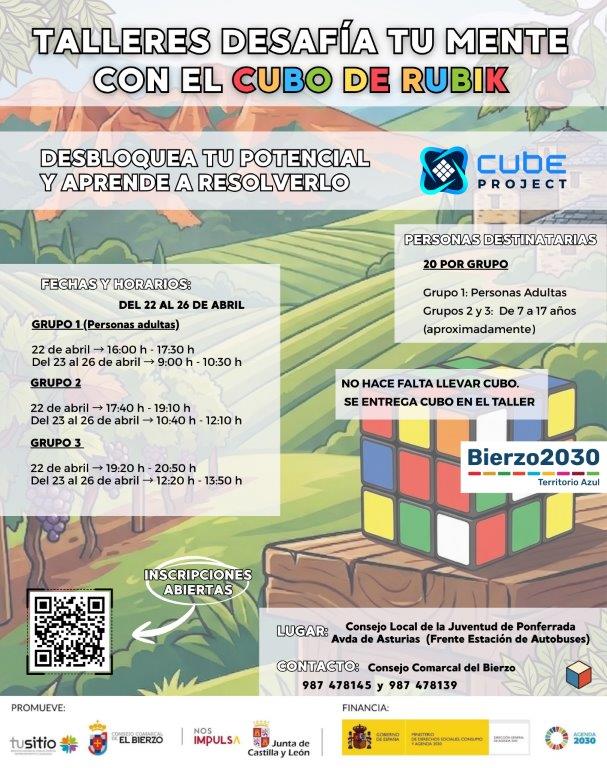 Cartel del taller Desafía tu mente con el Cubo Rubik en el Bierzo.