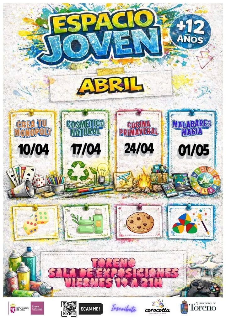 Cartel de talleres gratuitos para jóvenes en Toreno con actividades de abril y mayo.