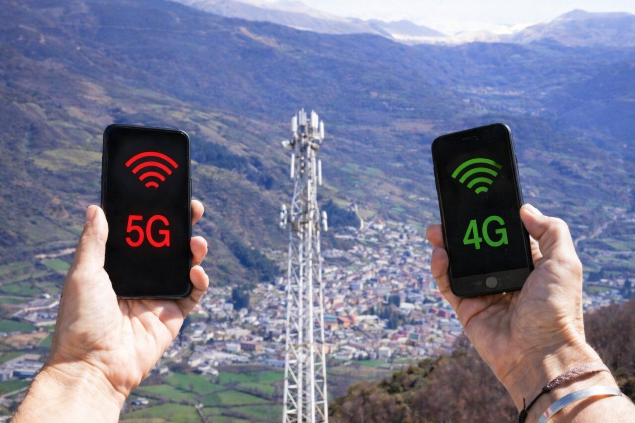 Dos teléfonos mostrando señales de 4G y 5G en un paisaje montañoso