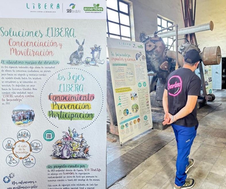Estudiante observa panel informativo sobre reciclaje y medio ambiente