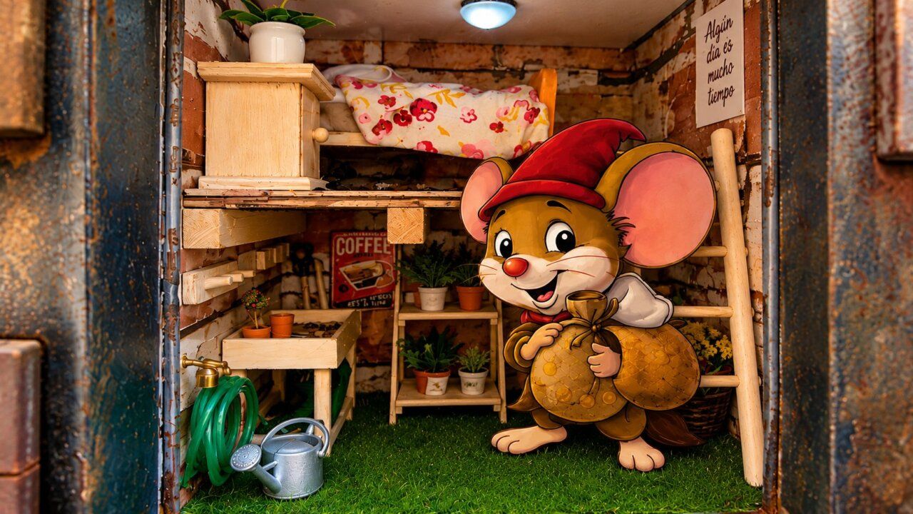 Interior de la casita del Ratoncito Pérez decorada para primavera