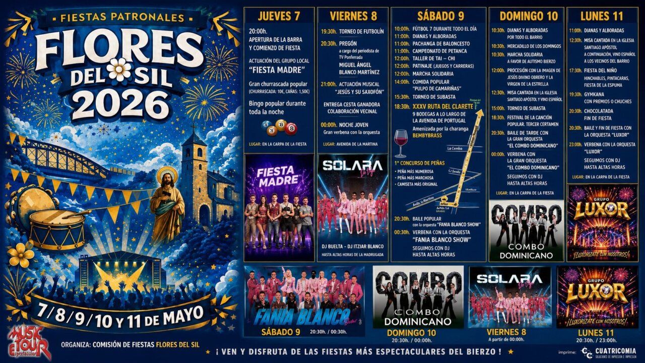 Cartel de las fiestas patronales de Flores del Sil 2026 con actividades y eventos