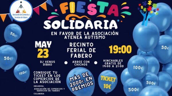 Cartel de fiesta solidaria en Fabero para Atenea Autismo