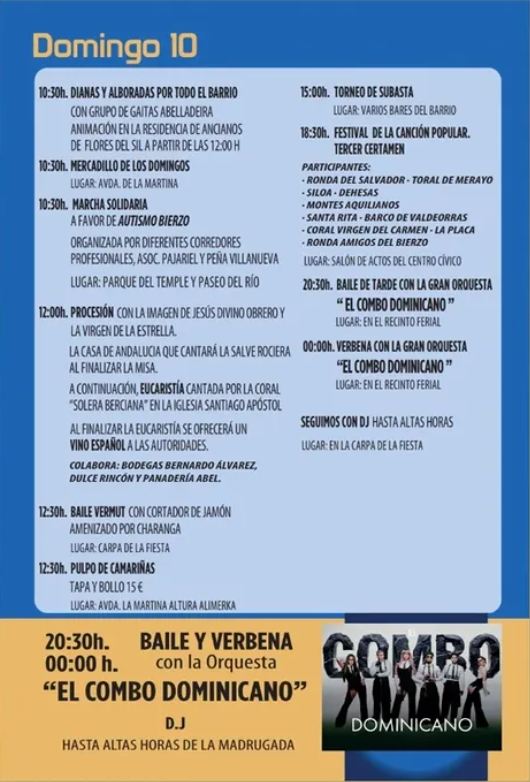 Programa de actividades del domingo en las Fiestas Patronales de Flores del Sil 2026