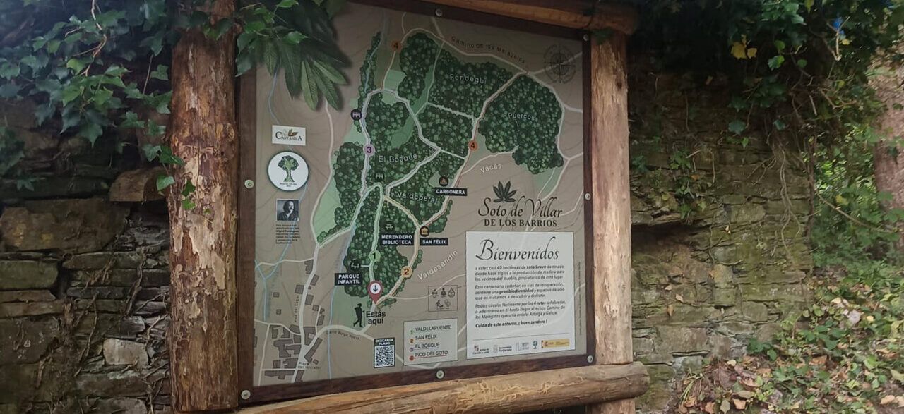 Panel de bienvenida del Soto de Villar de los Barrios con mapa y detalles