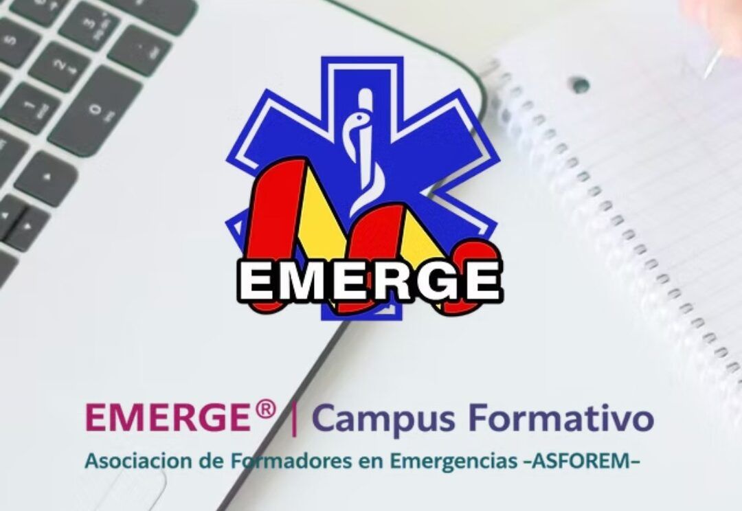 Logotipo de EMERGE y un teclado con una mano escribiendo