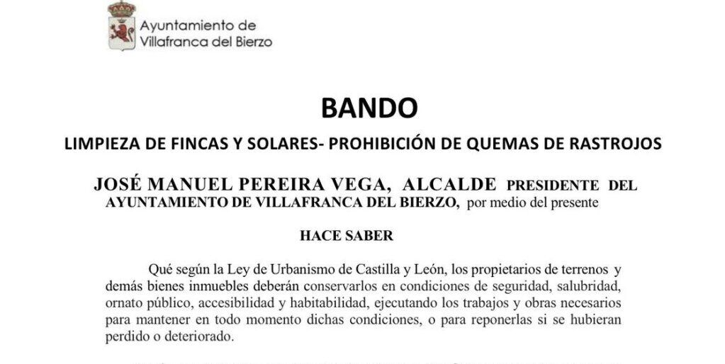 Bando municipal sobre limpieza de fincas y solares en Villafranca del Bierzo