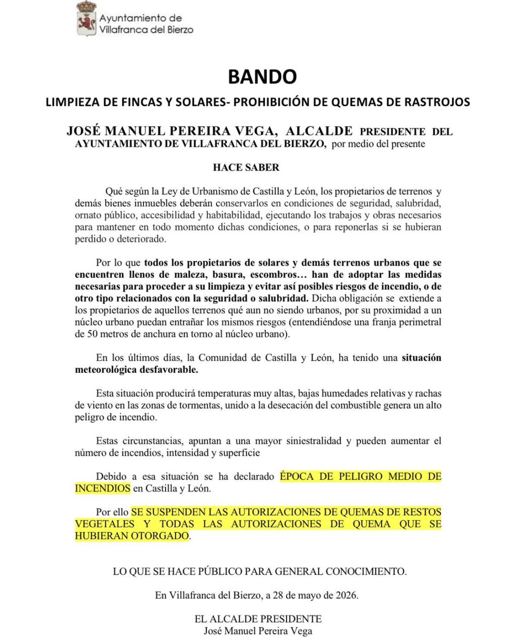 Bando municipal sobre limpieza de fincas y solares en Villafranca del Bierzo