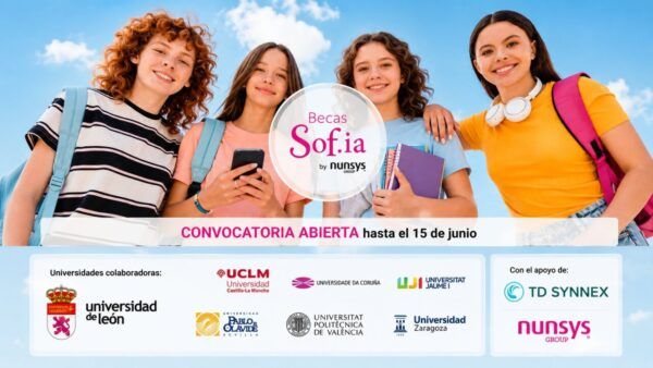 Estudiantes sonrientes promocionando las Becas Sof.ia para mujeres en STEM