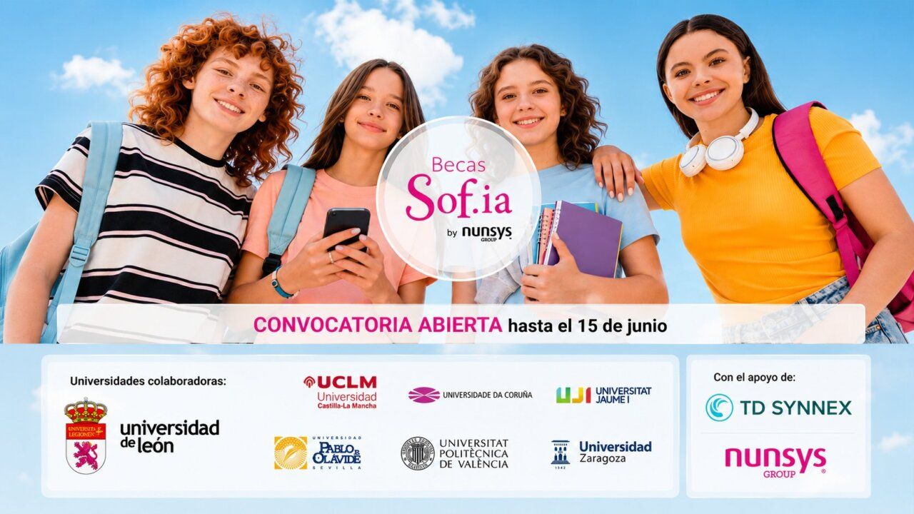 Estudiantes sonrientes promocionando las Becas Sof.ia para mujeres en STEM