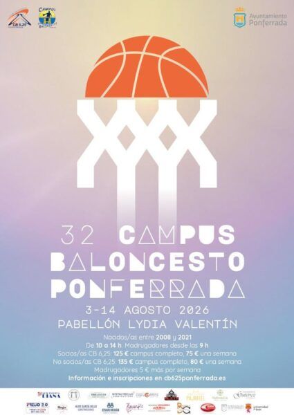 Cartel del 32.º Campus de Baloncesto en Ponferrada con detalles del evento.
