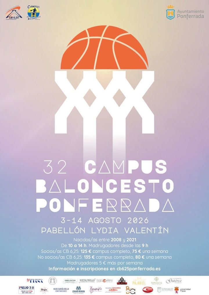 Cartel del 32.º Campus de Baloncesto en Ponferrada con detalles del evento.