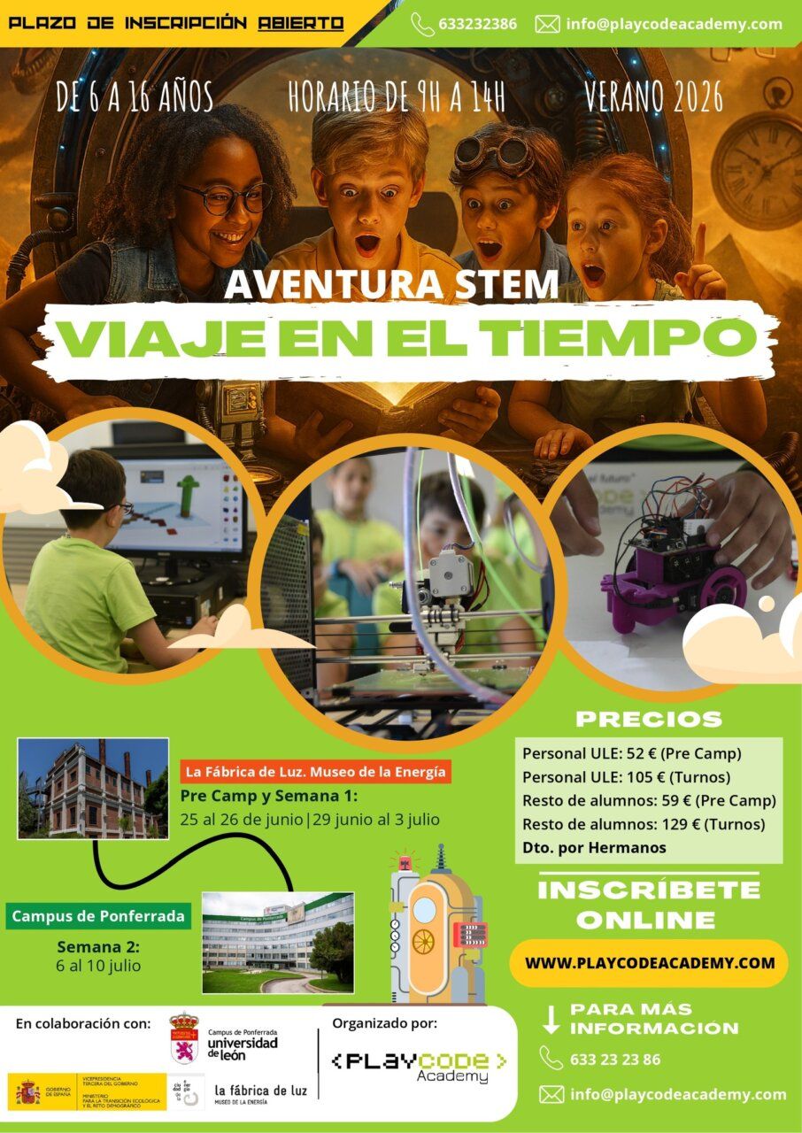 Cartel del campus tecnológico de verano sobre viajes en el tiempo