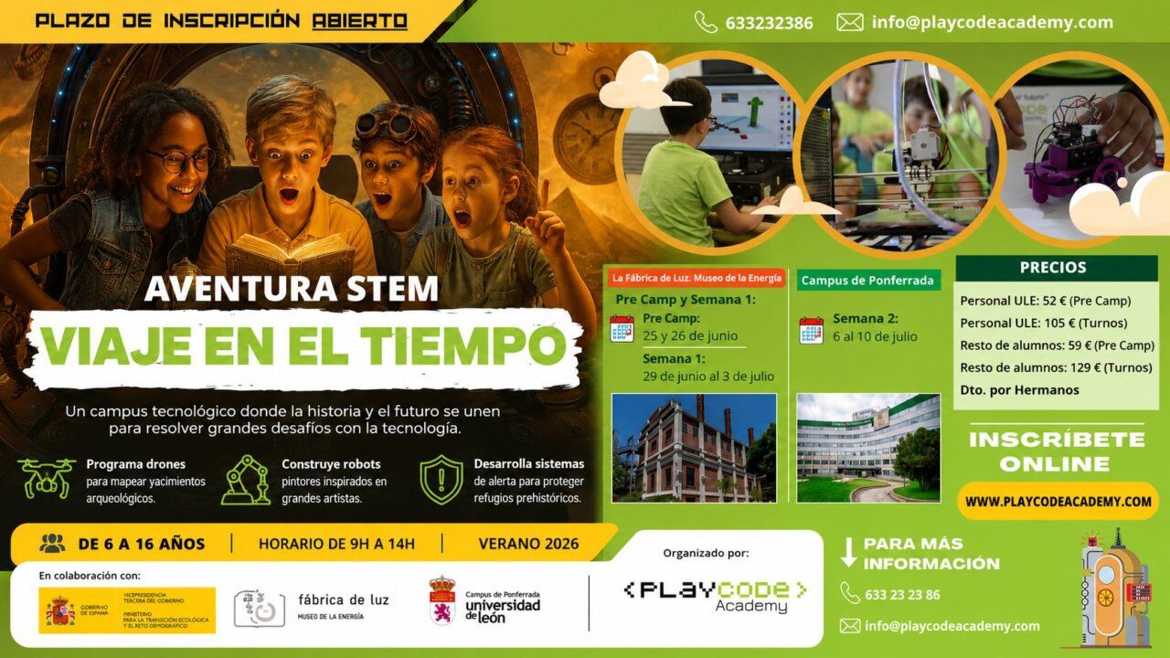 Cartel del campus tecnológico sobre viajes en el tiempo para niños