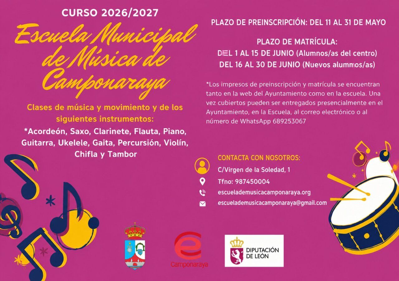 Cartel de la Escuela Municipal de Música de Camponaraya con información de inscripciones