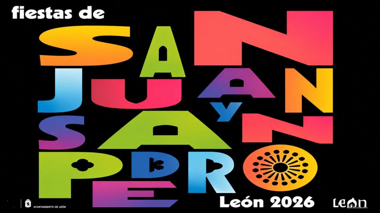 Cartel colorido de las fiestas de San Juan y San Pedro en León 2026