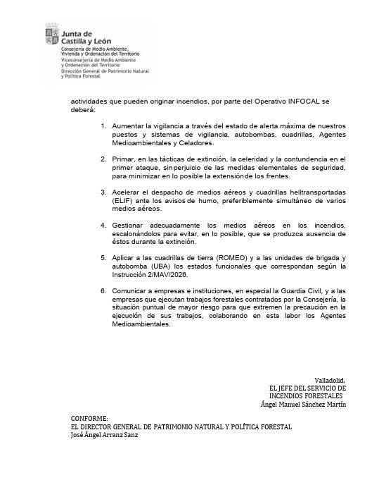 Documento oficial sobre la época de peligro medio por incendios en Castilla y León