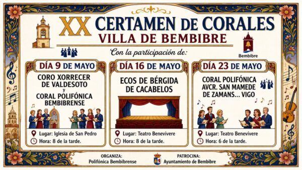 Cartel del XX Certamen de Corales en Bembibre con fechas y participantes.