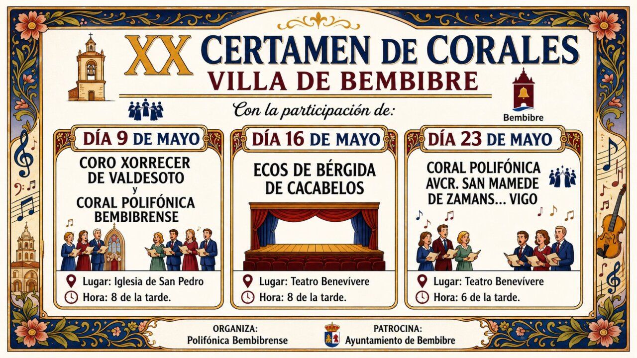 Cartel del XX Certamen de Corales en Bembibre con fechas y participantes.