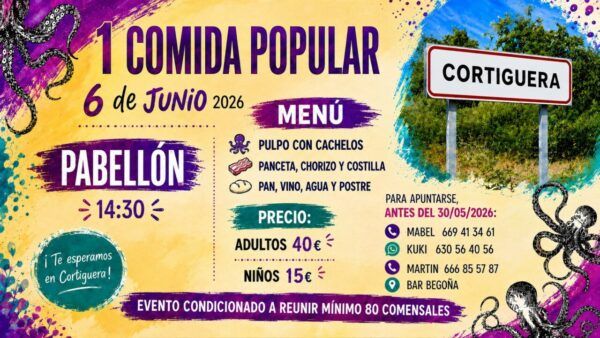 Cartel de la primera comida popular en Cortiguera con menú y detalles del evento