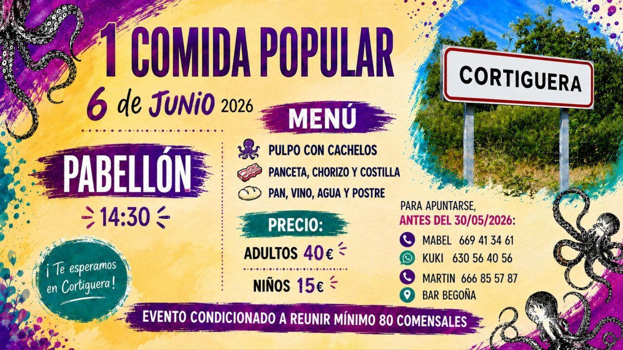 Cartel de la primera comida popular en Cortiguera con menú y detalles del evento