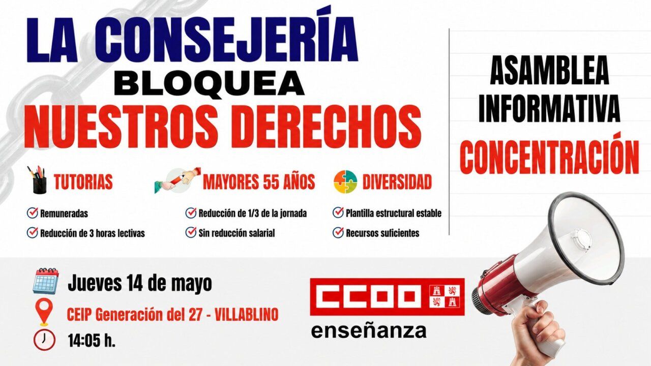 Cartel de concentración docente de CCOO en Laciana con información sobre derechos laborales.