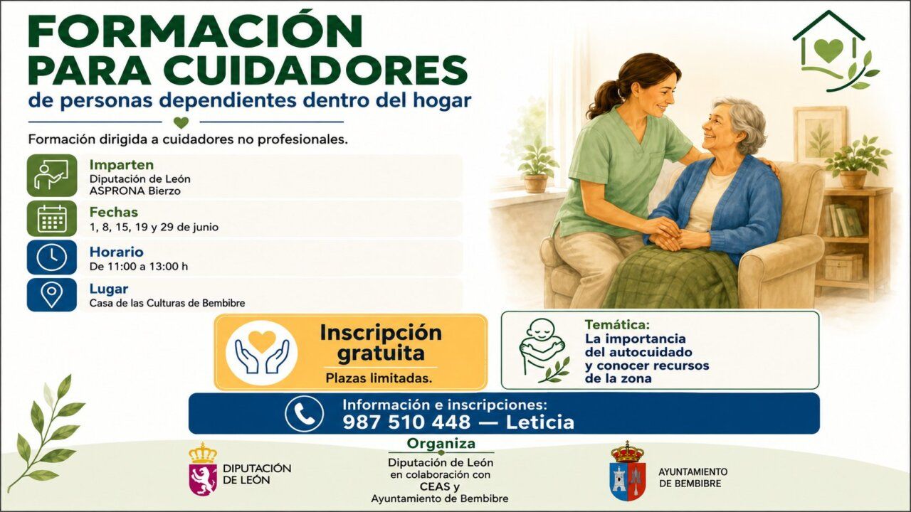 Cartel del curso gratuito para cuidadores de personas dependientes en Bembibre