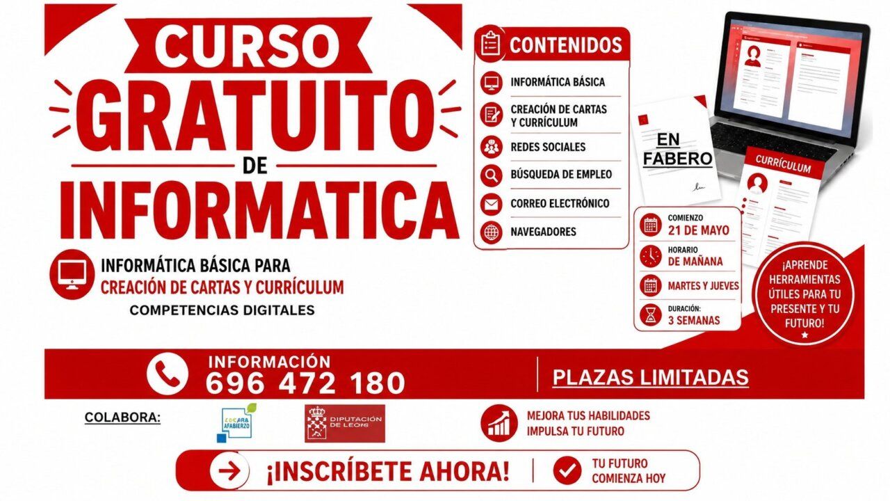 Cartel informativo sobre curso gratuito de informática en Fabero