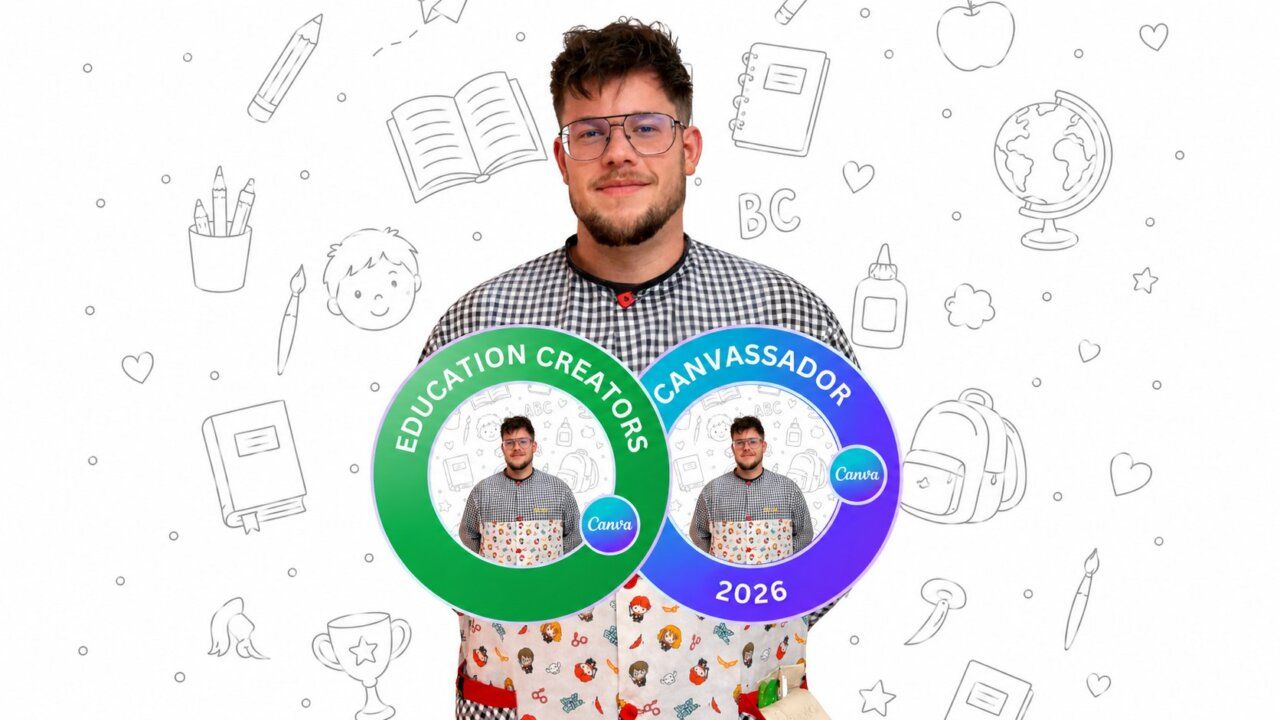 David del Valle con insignias de Canva Creator y Canvassador