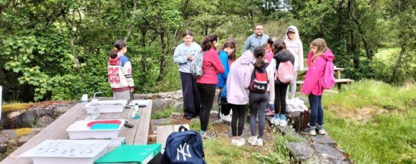 Alumnos participando en actividad de educación ambiental en Vega de Espinareda
