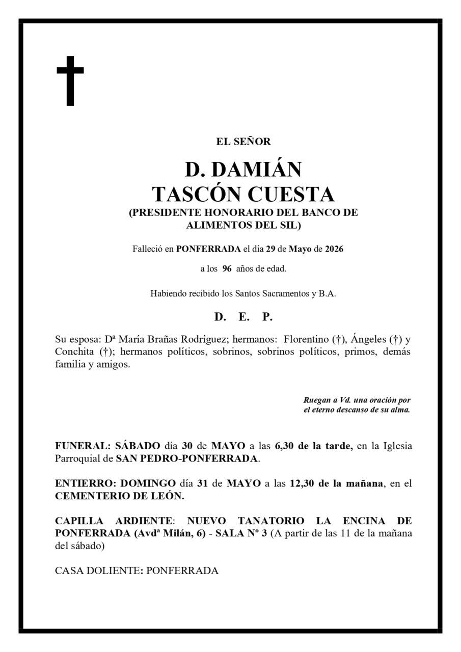 Esquela de Damián Tascón Cuesta, empresario y filántropo berciano.