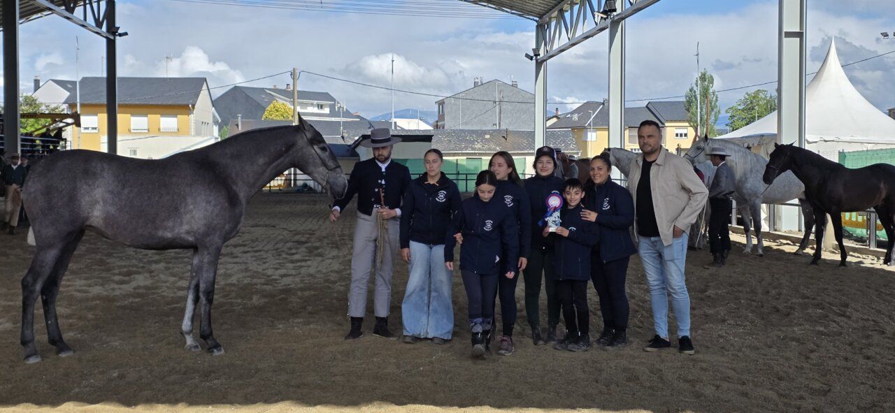Grupo de personas con caballos en una exhibición ecuestre