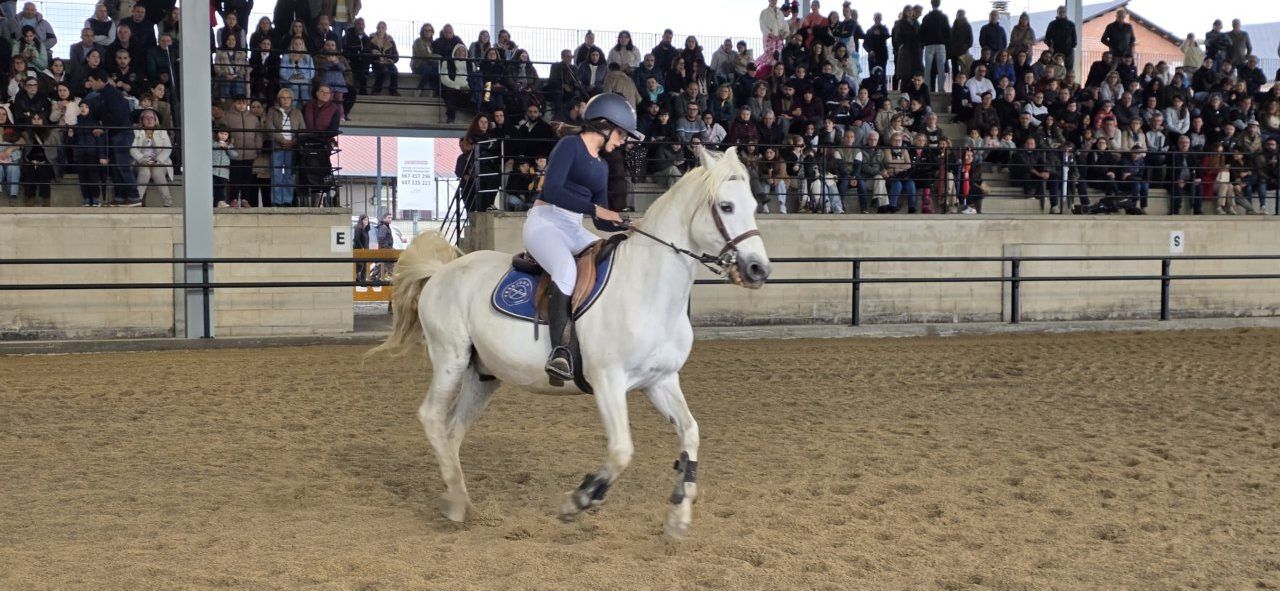 Jinete en exhibición de saltos con un caballo blanco en Camponaraya